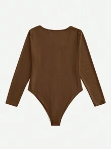 SHEIN EZwear Plus Ribbed Knit Bodysuit, For Winter - Coffee Brown - View 2
