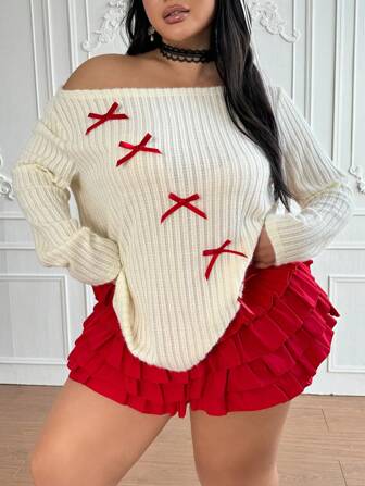 Lyrianda 大码女式白色蓬松针织图案不对称领长袖上衣，秋冬图案 T 恤女式上衣，适合春季服装