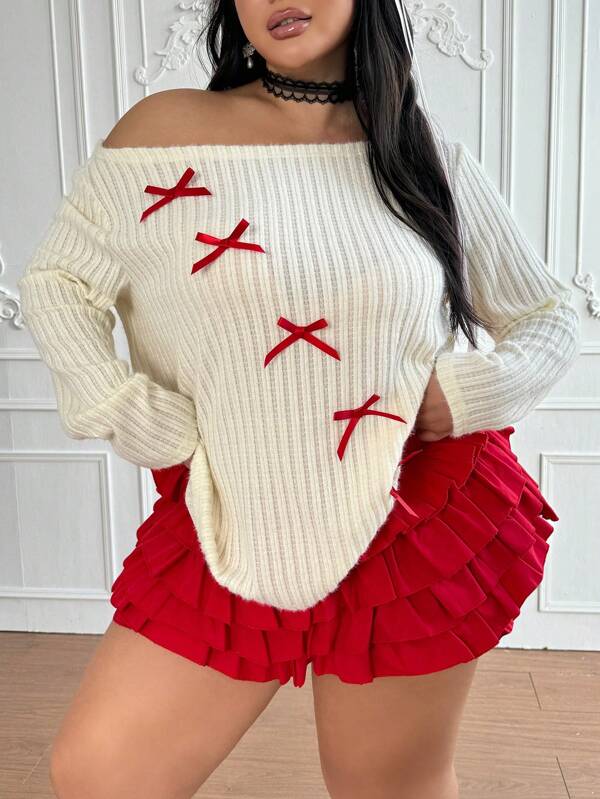 Lyrianda Plus Size Women's White Fluffy Knit Pattern Asymmetrical Collar Long Sleeve Top, Autumn/Winter Graphic Tees Women Tops For Spring Outfit