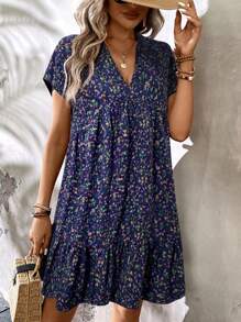 SHEIN LUNE 休闲夏季短款紫色花卉印花返校教师工作服 - 藏蓝色 - 查看 5