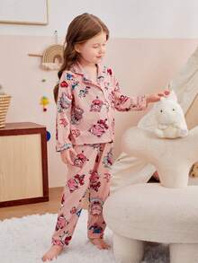 2 件套女孩年轻女孩休闲舒适可爱猫咪动物印花宽松长袖上衣和裤子套装，家居服 - 粉色 - 查看 5