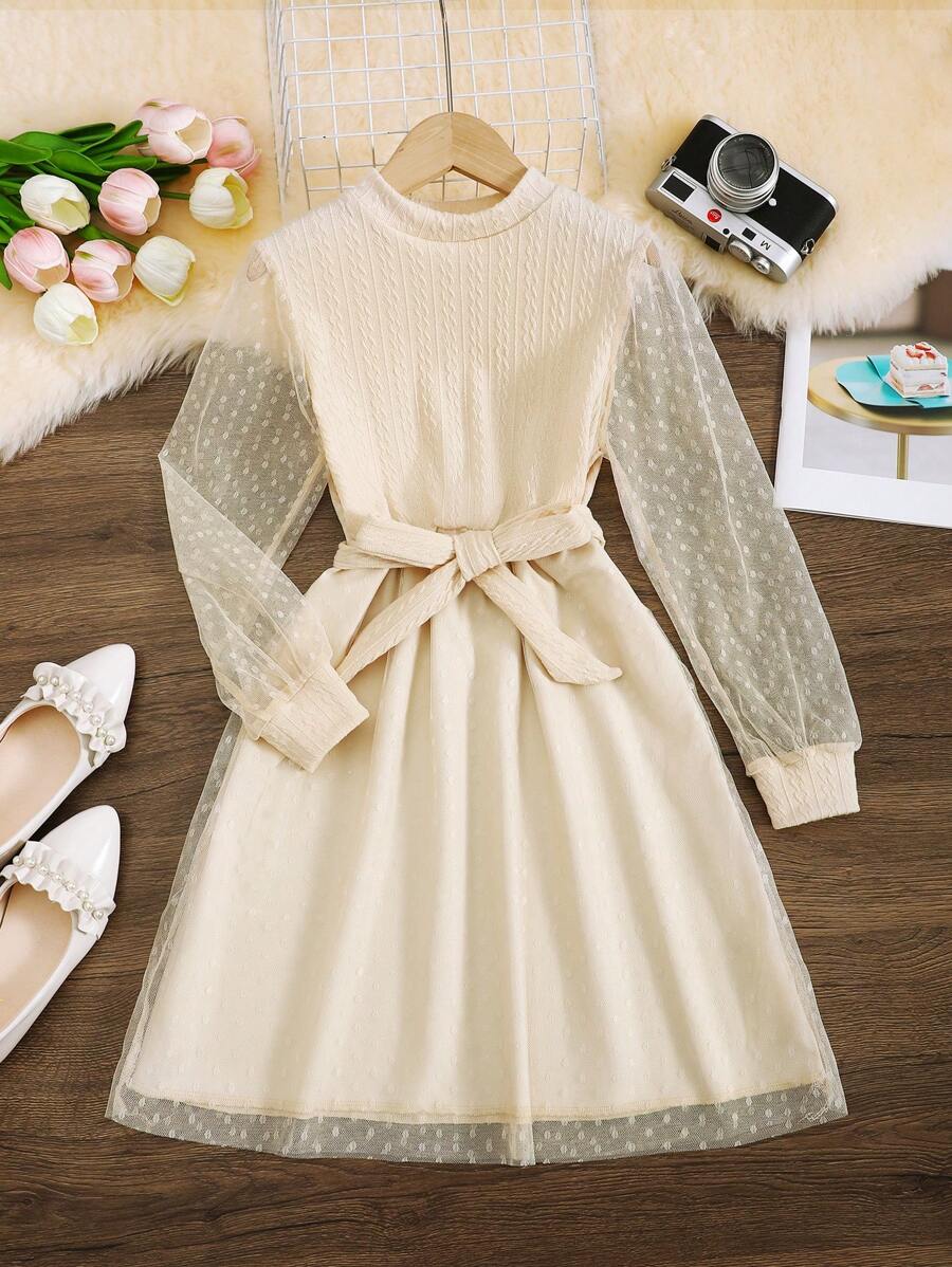 SHEIN Tween Girls Elegant Mesh Contrast Round Neck Dress, Autumn - Apricot - View 1