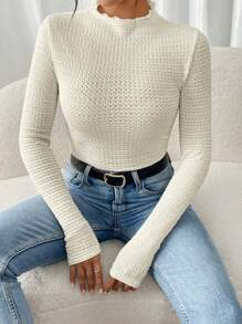 SHEIN Frenchy Women Casual Solid Color Textured Fitted Long Sleeve T-Shirt, Autumn