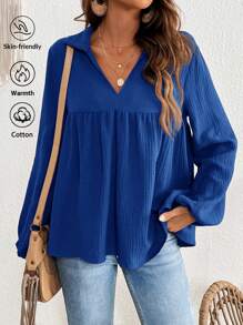 SHEIN VCAY 1pc Women V-Neck Ruffled Front Placket Solid Color Shirt, Blouse