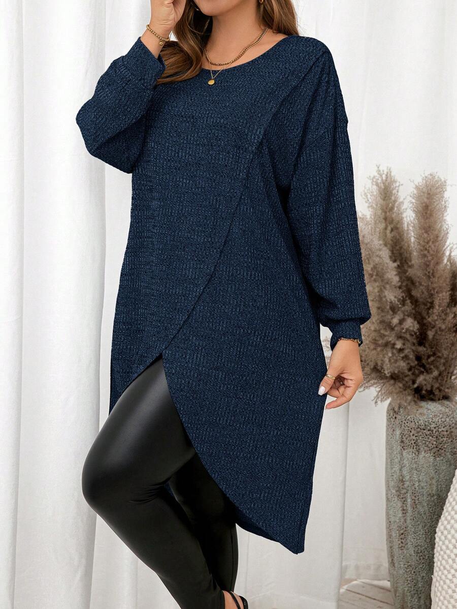 SHEIN Clasi Áo thun đơn giản cổ tròn dài tay cỡ lớn dành cho nữ thường ngày - Màu xanh hải quân - Xem 1