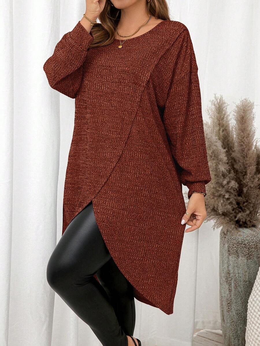 SHEIN Clasi Women Plus Size Simple Round Neck Long Sleeve Top, Casual For Daily Wear - Brown - View 1