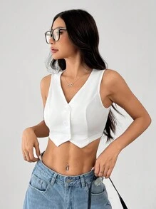 SHEIN PETITE Summer Tank TopsSolid Button Front Crop Waistcoat In Fall/Winter - White - View 4