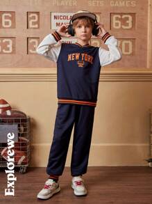 SHEIN Set de 2 piezas: Sudadera holgada de cuello en V de color contrastante y pantalones deportivos, para primavera y otoño