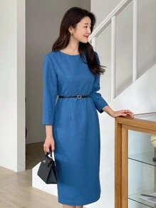 DAZY 1 件女士纯色长袖简约休闲长款淑女风收腰连衣裙，秋季服装 - 藍色 - 查看 6