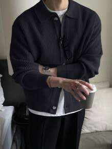 DAZY 男士休闲海军蓝前扣开衫毛衣，秋季夹克 - 藏蓝色 - 查看 5