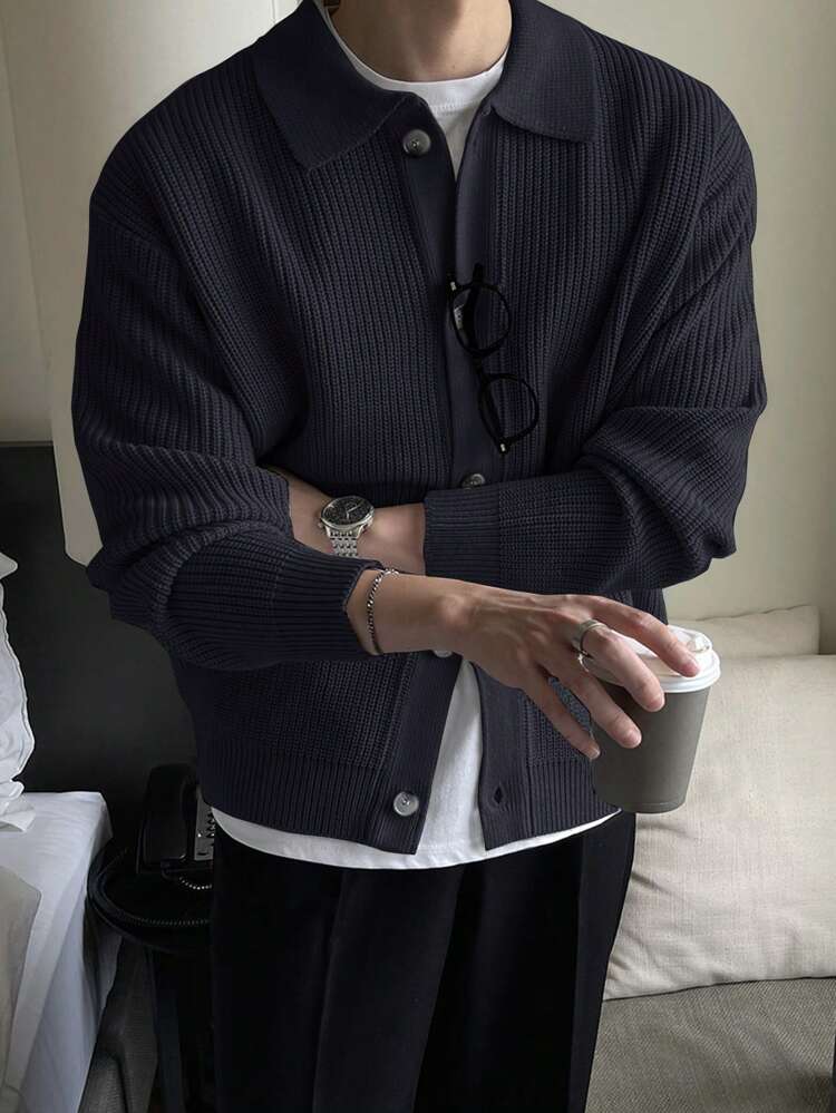 Men's Casual Navy Blue Front Button Cardigan Sweater, Autumn Jacket