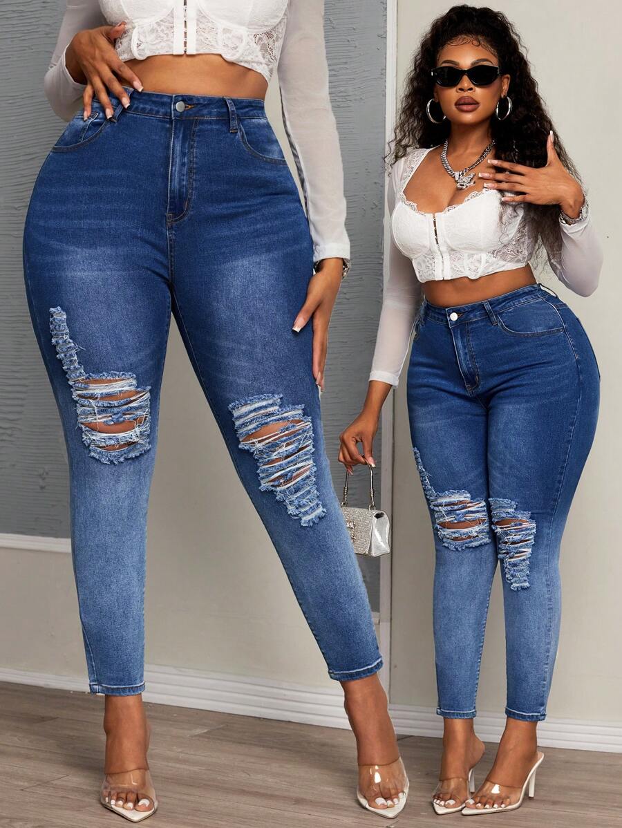 SHEIN SXY Plus Size Women Stretch High Waist Washed Ombre Color Skinny Jeans - Blue - View 1