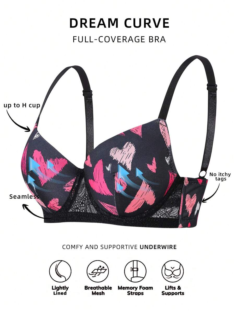 Women 1pc Comfy Heart Print Wire-Supported Bra - Multicolor - View 1