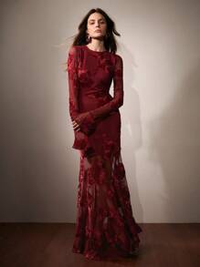 Anewsta Red Festive Elegant Romantic Delicate Soft 3D Floral Embroidery Backless Mermaid Fitted New Year Valentine's Day Dress For Women - Red - View 5