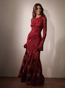 Anewsta Red Festive Elegant Romantic Delicate Soft 3D Floral Embroidery Backless Mermaid Fitted New Year Valentine's Day Dress For Women - Red - View 7