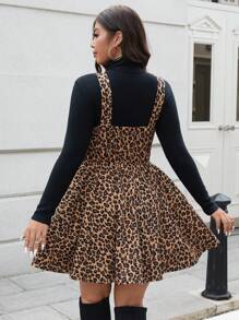 Flirla 大码女式冬季束腰 A 字形灯芯绒豹纹吊带连衣裙 - 彩色 - 查看 2