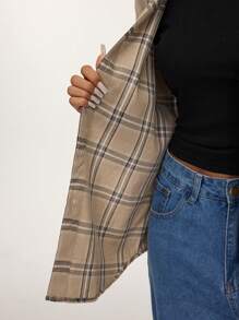 SHEIN BASICS Casual Woven Plaid Lapel Long Sleeve Loose Fit Women Blouse - Khaki - View 6