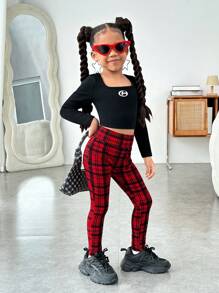 NovaGlow Young Girl Everyday Casual Christmas Plaid Knit Leggings - Red - View 4