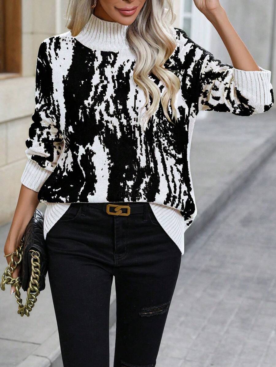 SHEIN Clasi 女士高领长袖简约毛衣，休闲日常针织套头衫，秋冬季 - 白色 - 查看 1