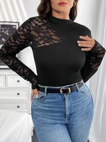 SHEIN Essnce Plus Size Women's Autumn And Winter Fashion Elegant Comfortable Transparent Lace Stitching Black Tight Long-Sleeved T-Shirt,Fall Women Clothes,Office Wear,Curv Tops,Sexy Long Sleeve Tops,Party Women ,Business Casual Women,Work Wear,Christmas Party,New Year Eve,Classy Outfits