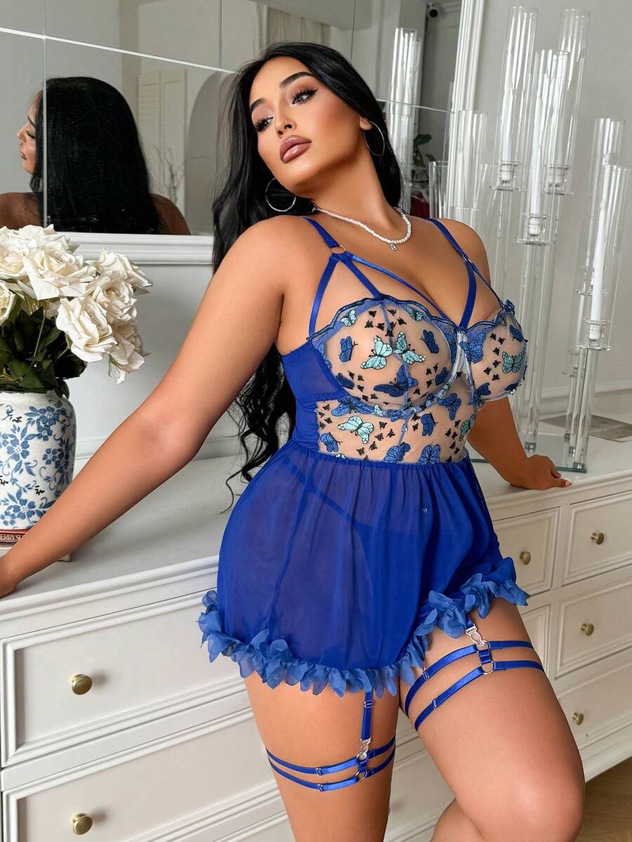 SHEIN 大码浪漫花卉系列内衣连衣裙含丁字裤三件套 - 寶藍色 - 查看 1