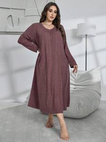 SHEIN Váy ngủ dài tay xếp ly cổ chữ V cỡ lớn, thiết kế túi, Moo Moo, trang phục ấm áp, mùa thu đông - Màu Hồng Tươi - Xem 6