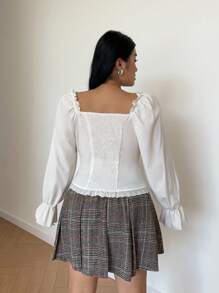 POPSWAY Blusa/camisa elegante y de moda para mujer con cuello cuadrado, mangas farol, cintura con volantes, detalles de encaje en contraste y cierre delantero de lazo, versátil para combinar en días festivos