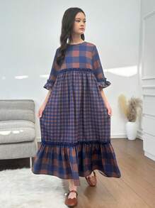 SHEIN Leap Crew Tween Girls Loose Casual Simple Comfortable Patchwork Round Neck Plaid Dress - Blue - View 4