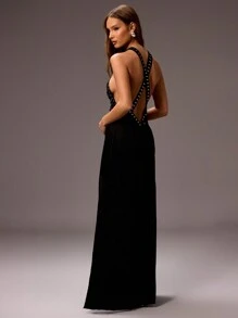 MUSERA 性感露背铆钉长裙 夏季度假婚礼宾客毕业典礼优雅伊比沙岛假日海滩婚礼宾客优雅约会之夜颓废风秋季长裙 - 黑色 - 查看 3