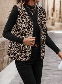 SHEIN Clasi Women's Leopard Print Sleeveless Padded Padded Coat Clothes Winter - Apricot - View 6