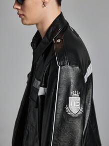 NEON BLANC Men's Oversized Black Woven Leather Long Sleeve Letter Zip Jacket, For Fall Winter, Outdoor, Spring - Black - View 6