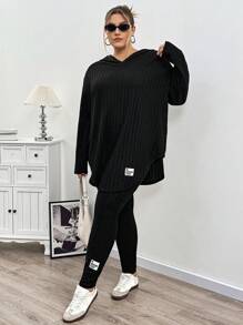 SHEIN CURVE+ 大码针织罗纹长袖弧形下摆 T 恤和紧身裤套装 - 黑色 - 查看 7