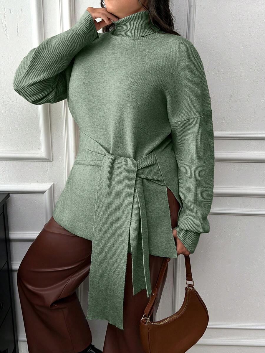 EURMUSE Plus Turtle-Neck Tie-Up Detailed Sweater With Rib Knit Detailed - Mint Green - View 1