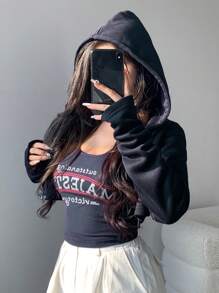 DAZY Bộ 2 áo hoodie nữ + áo ba lỗ in chữ, áo nỉ chui đầu lót nhiệt, quần áo mùa thu, lót nhiệt có khóa kéo - Màu xanh hải quân - Xem 12