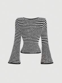 SHEIN MOD Women Black & White Stripe Knitted Top, Long Sleeve Outerwear Top, Autumn Knitwear, New Years - Black and White - View 2