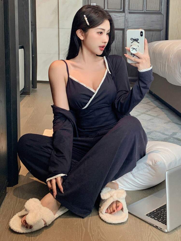 3pcs Set Contrast Color Lace Decor Camisole Top & Button Placket Top & Pants Pajama Set, Sleepwear Set, Fall Winter Clothes