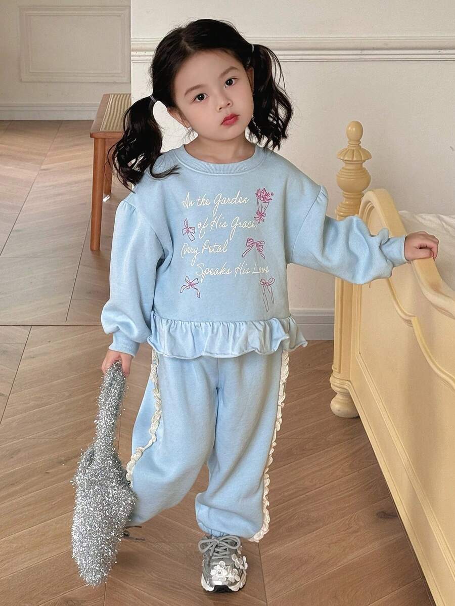 DAZY 2pcs Girls Casual Letter Print Ruffle Hem Sweatshirt And Sweatpant Set, Autumn - Blue - View 1