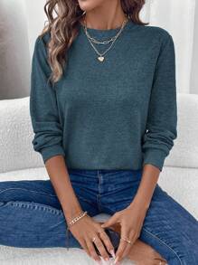 SHEIN LUNE Round Neck Fleece Sweater, Warm & Comfortable Basic Model Long Sleeve T-Shirt For Women, Autumn/Winter