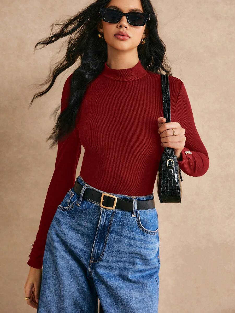 Poéselle Women Solid Color Ribbed Knit Gold Button Decor Fitted T-Shirt, Casual Style For Spring & Autumn - Burgundy - View 1