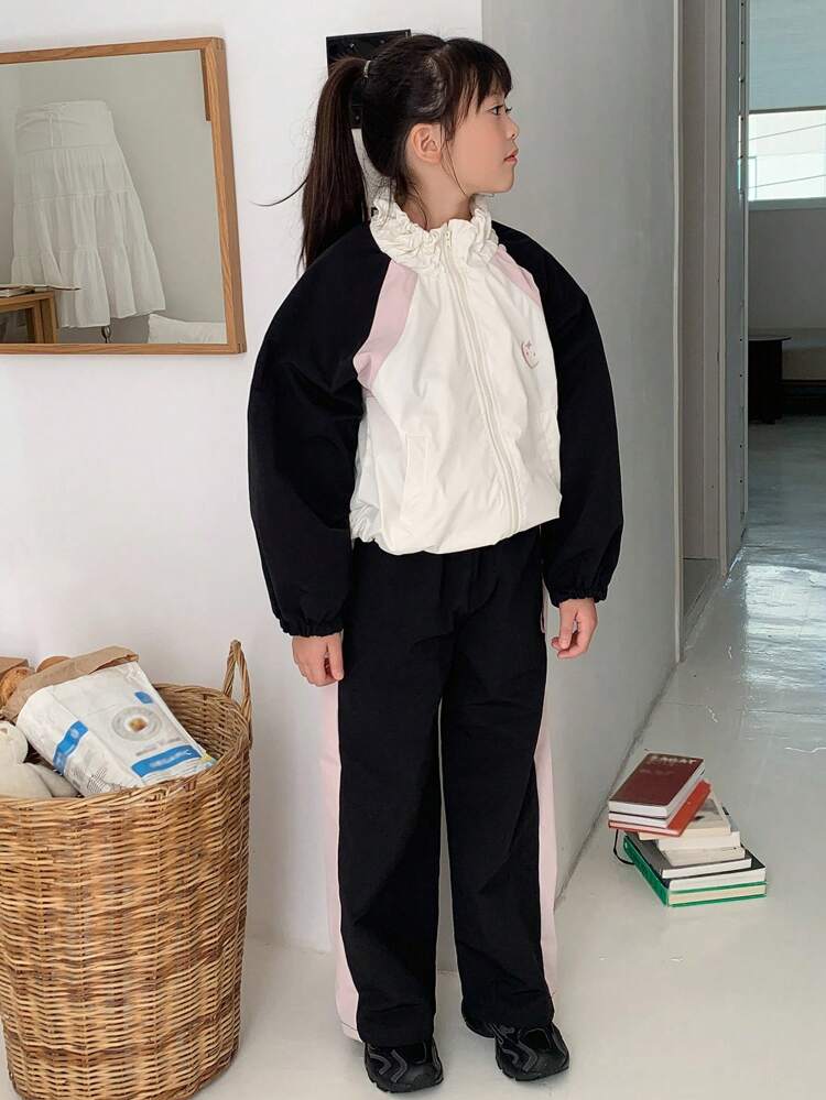 Tween Girl Color Block Pleated Turtleneck Zipper Cardigan And Wide Leg Loose Pants Two Pieces Set, Fall Outfit