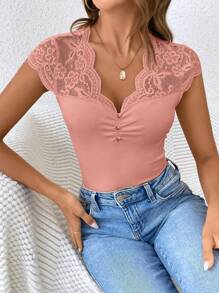 SHEIN Frenchy 夏季蕾絲拼接短袖T恤