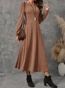 SHEIN LUNE 圆领、长袖、灯笼袖、大裙摆长裙、中长款女装、秋季女装、冬季女装 - 咖啡棕 - 查看 3