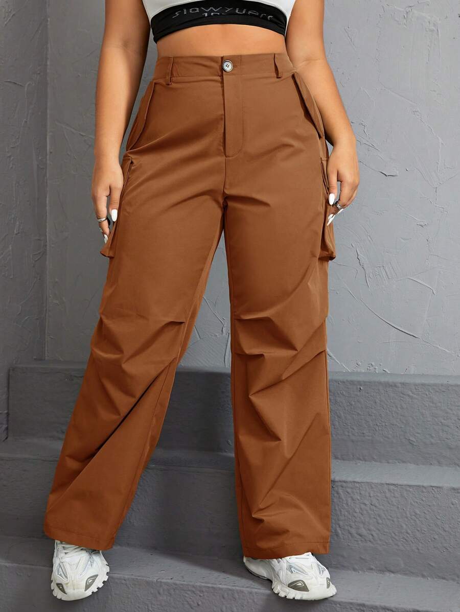 SHEIN EZwear Plus Size Solid Color Casual Straight Leg Pants With Pocket - Brown - View 1