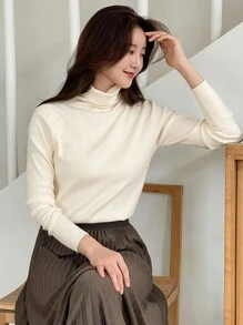 DAZY 女士纯色高领长袖休闲毛衣，秋冬 - 杏色 - 查看 6