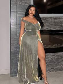 Slaydiva 大码优雅迷人露肩褶饰高开衩连衣裙，秋冬 - 金色 - 查看 6