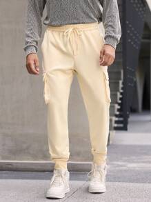 Manfinity Homme Men's Elastic Waist Jogger Cargo Sweatpants , 3D Cargo Pocket Embroidered Khaki Trousers ,Fall Men Clothes