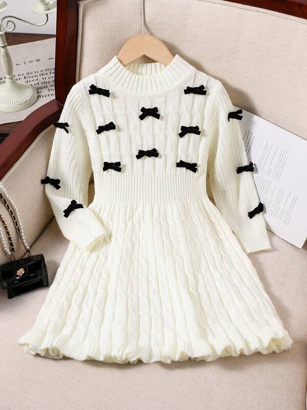 Souflis Souflis Young Girl Sweater Dress, Fashion New Style With Special Knitting Pattern, Bow Decor, Ruffle Hem, A-Line Silhouette, Puff Sleeves, Suitable For Home, Travel, Party, European Style, White Dress Elegant, Black Bow Displays Nobility