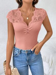 SHEIN Frenchy 夏季蕾絲拼接短袖T恤