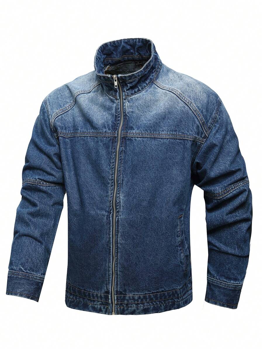 Manfinity Homme 男士前拉链简约纯色都市深色牛仔休闲夹克，适合日常穿着 - 中等水洗藍 - 查看 1