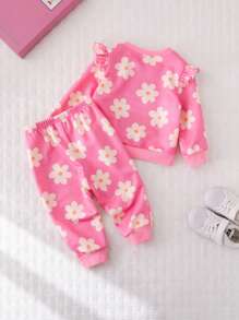 Cozy Pixies 2pcs/Set Baby Girl Floral Print Ruffle Collar Sweatshirt And Elastic Cuff Pants - Pink - View 2
